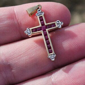 10K Ruby & Diamond Cross Pendant Charm 23x15mm
